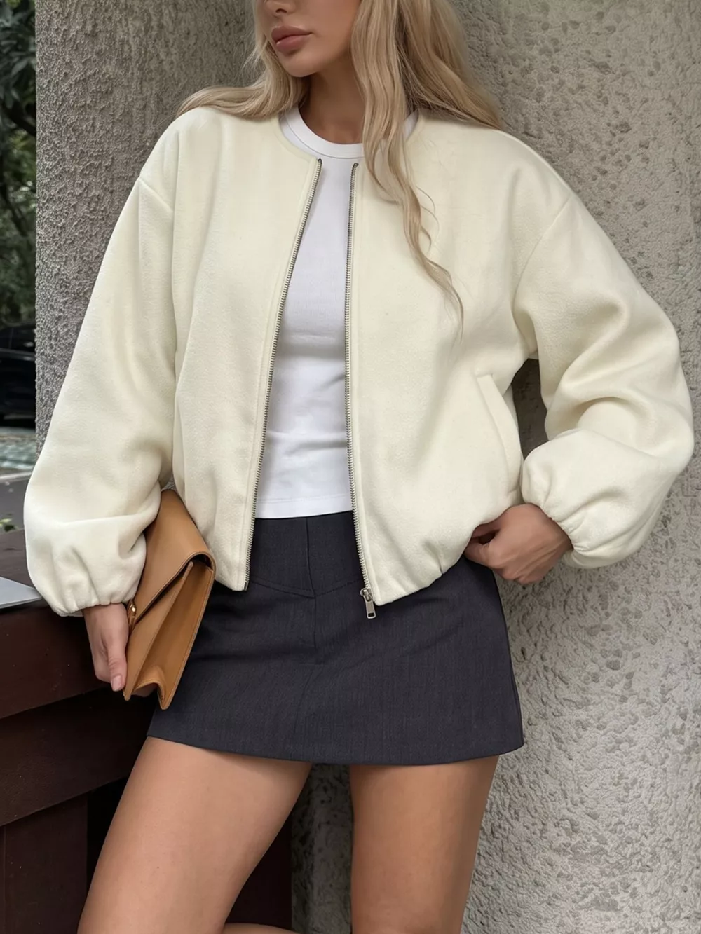 Fleece Bomber Jacket with Zipper Closure, image 2