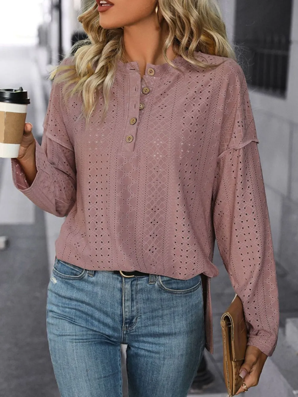Eyelet Round Neck Long Sleeve Top, image 3
