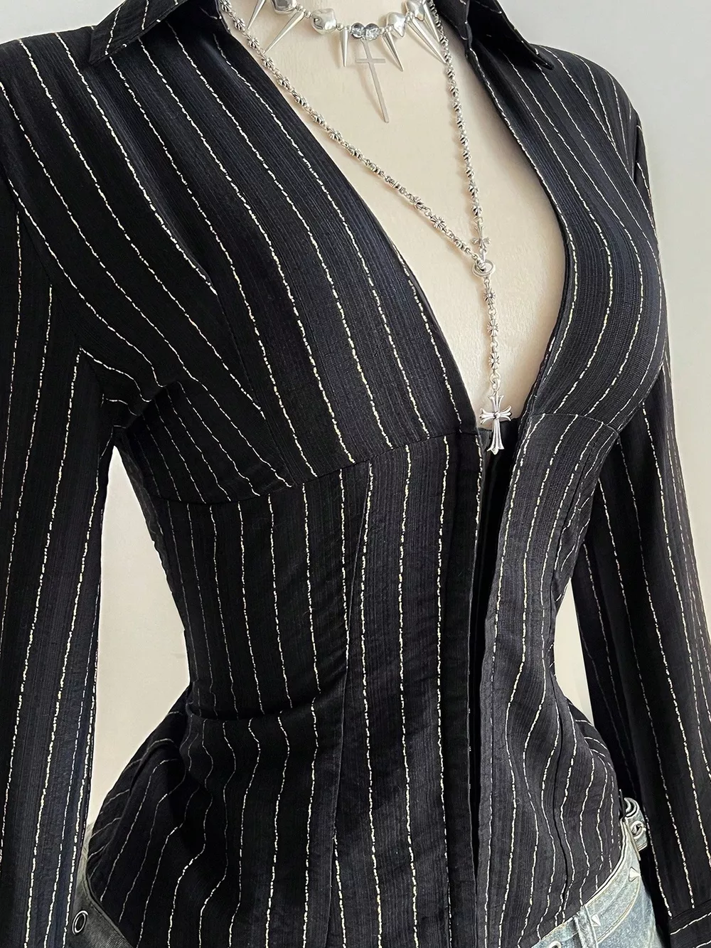 Striped Long Sleeve Fitted Blouse, image 8