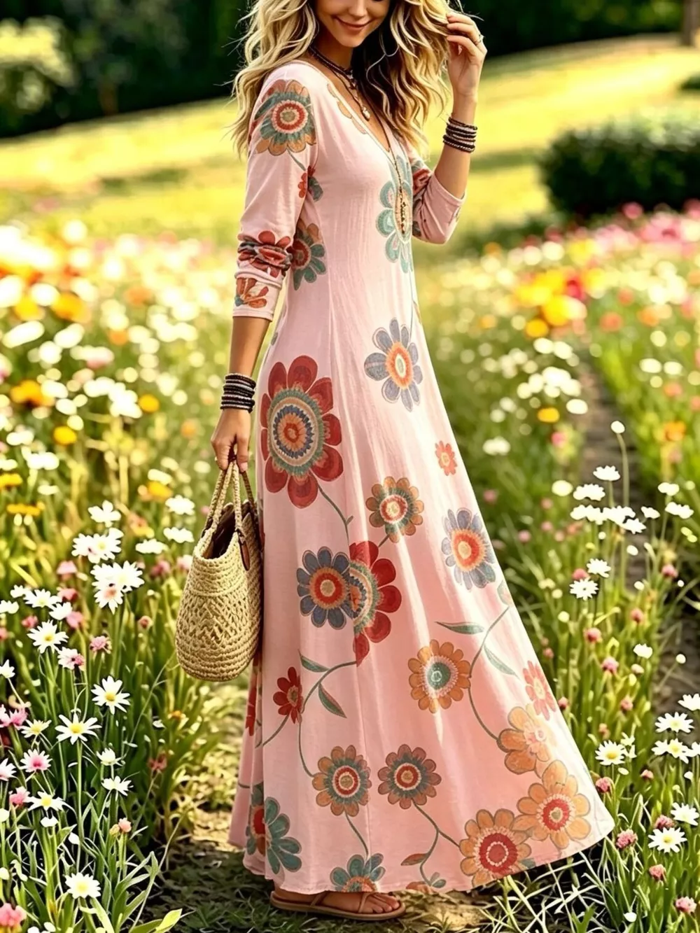 Floral Print V-Neck Long Sleeve Maxi Dress, image 13