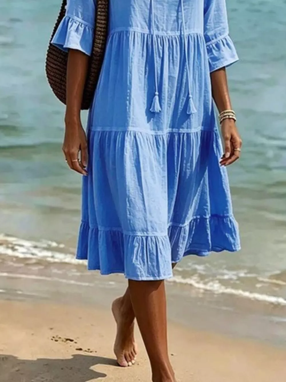 Full Size Tiered Tie Neck Flounce Sleeve Dress Plus Size, image 15