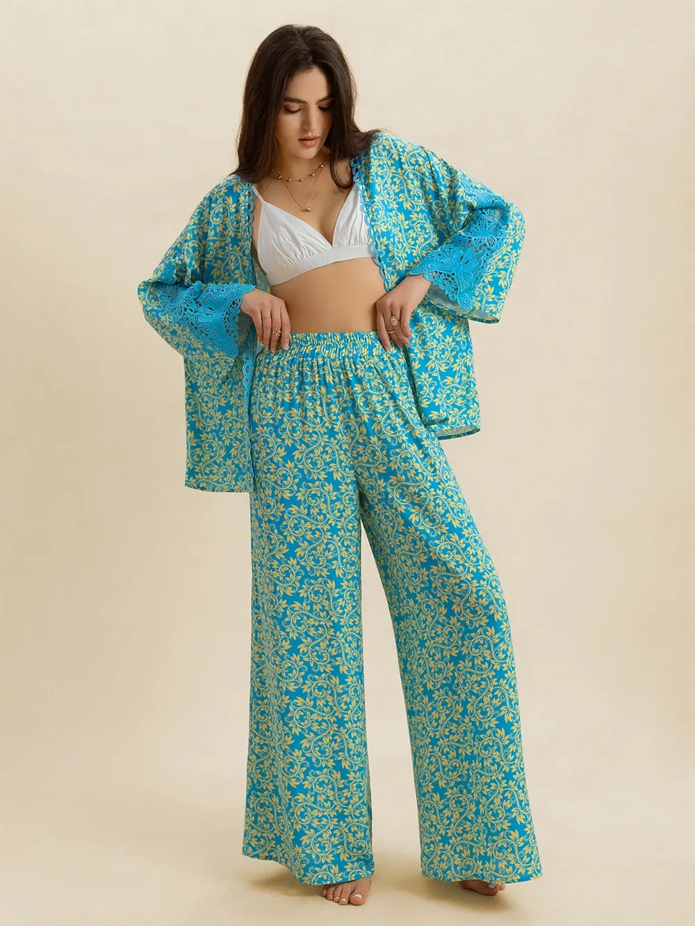 Open Front Printed Top and Pants Set