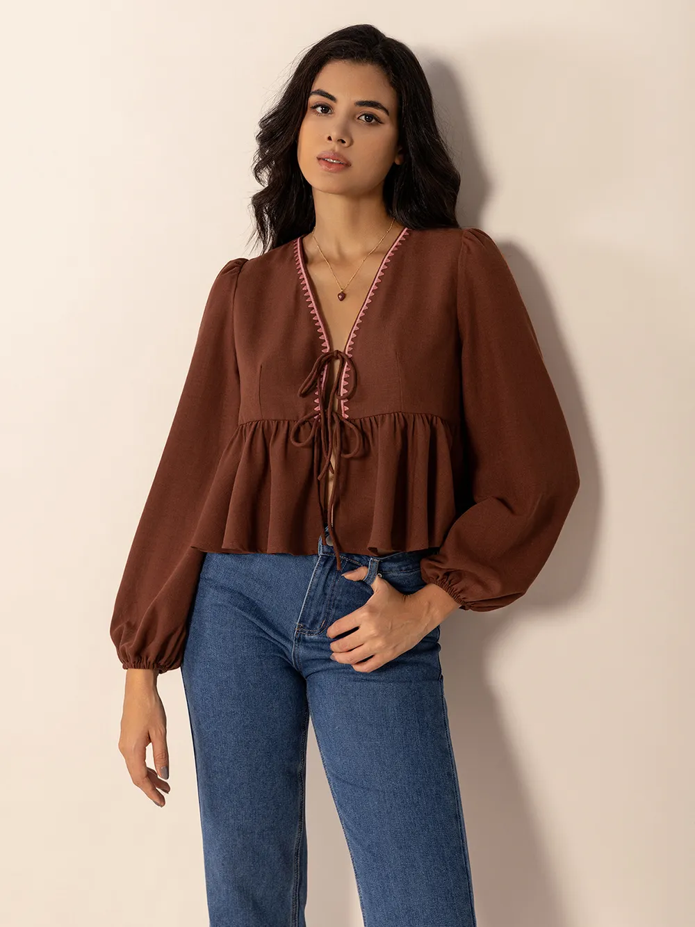 Peplum Tied V-Neck Long Sleeve Blouse, image 4
