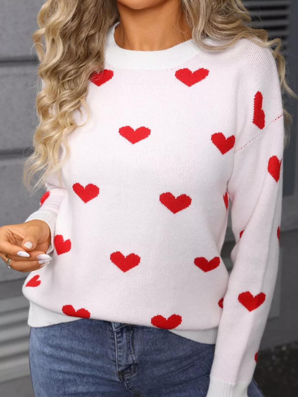 Valentine's Day Heart Pattern Dropped Shoulder Sweater, image 2
