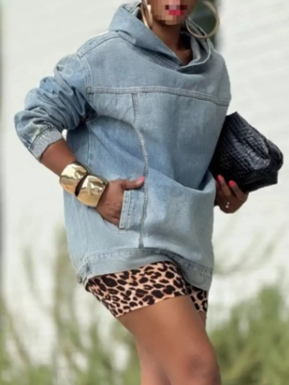 Oversized Washed Denim Hoodie with Front Pocket, image 3