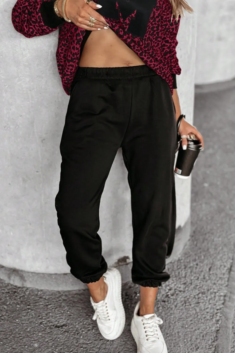 Letter M Leopard Round Neck Top and Pants Set, image 2