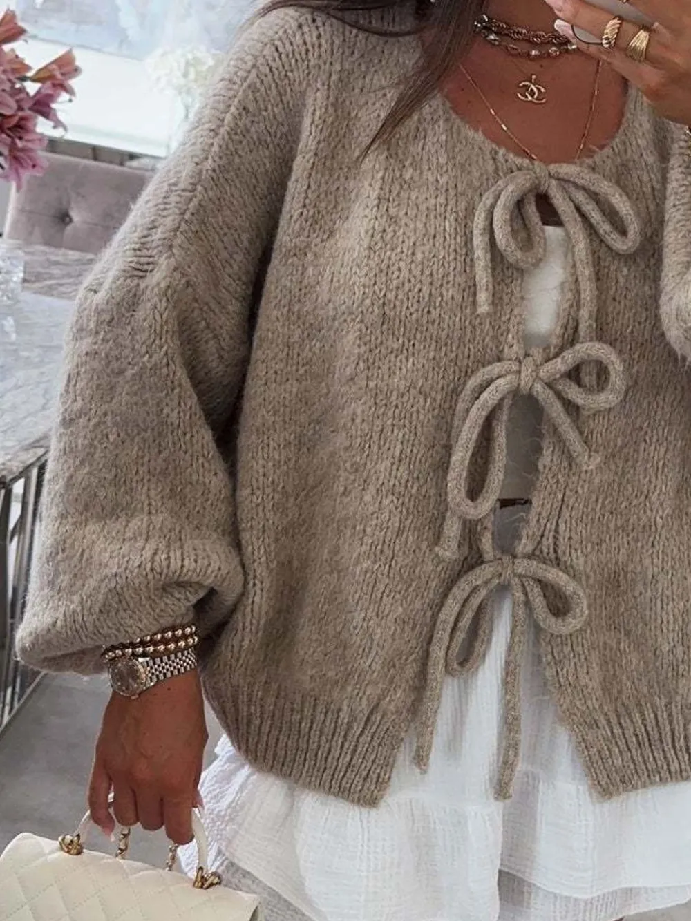 Cozy Bow-Tie Front Knit Cardigan, image 13