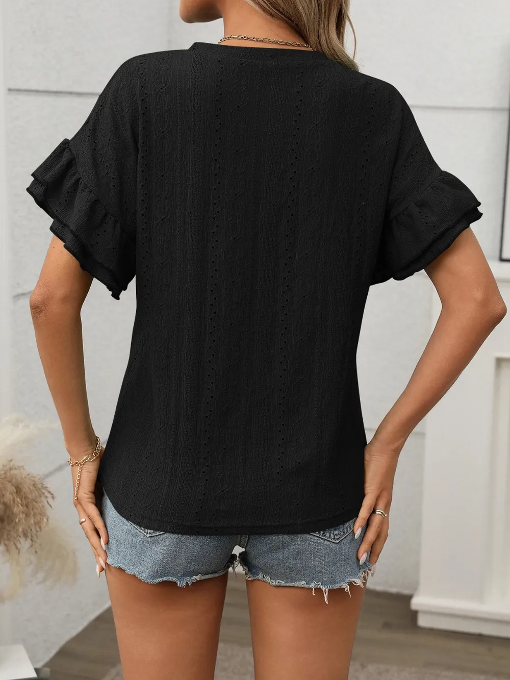 Eyelet Round Neck Flounce Sleeve Top, image 9