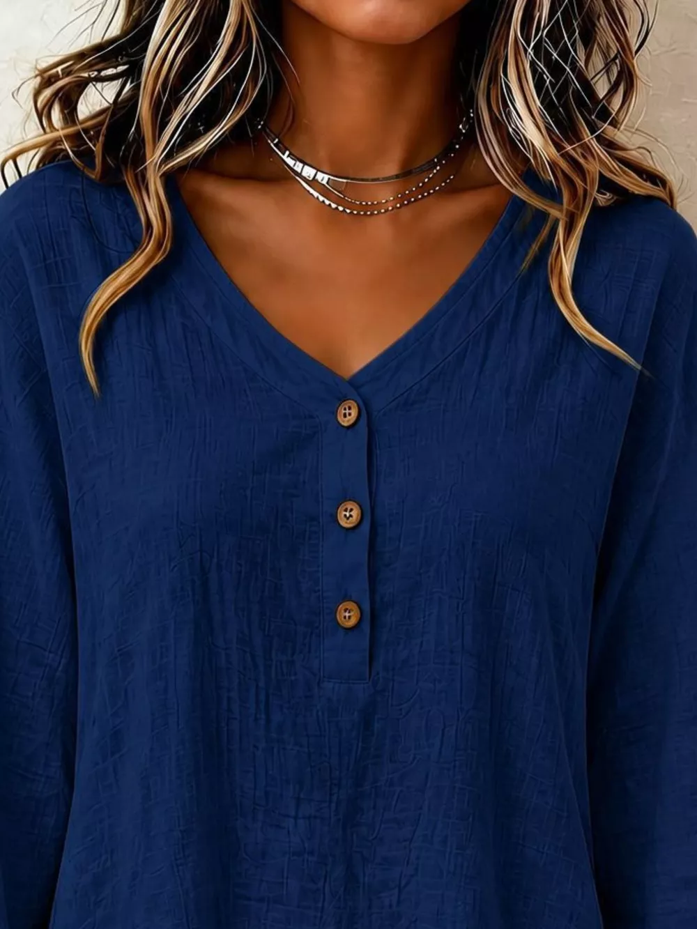 V-Neck Long Sleeve Button Detail Ruffled Hem Blouse, image 6