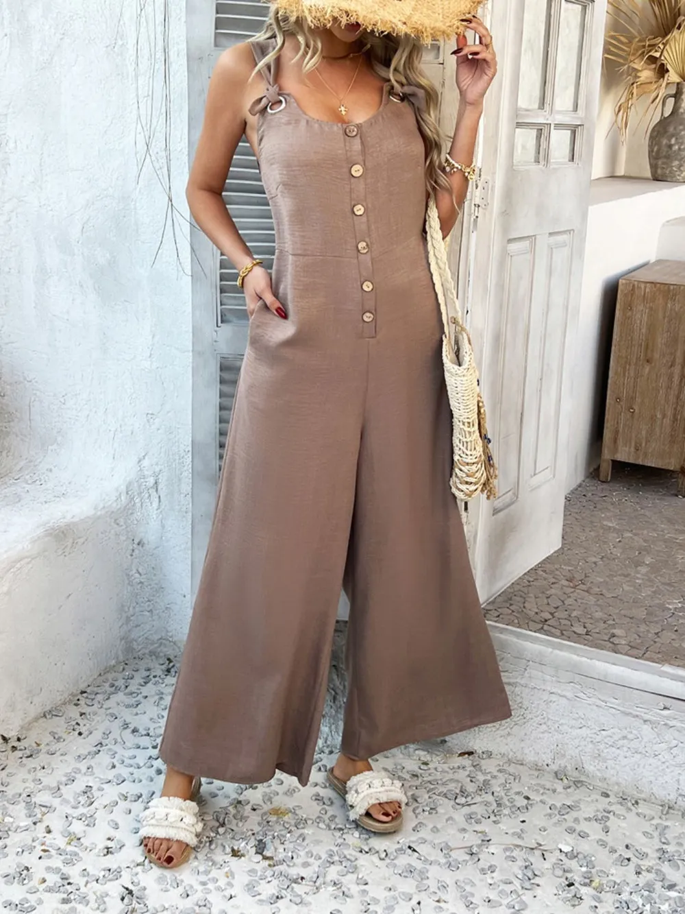 Button Front Knotted Strap Wide Leg Jumpsuit, image 9