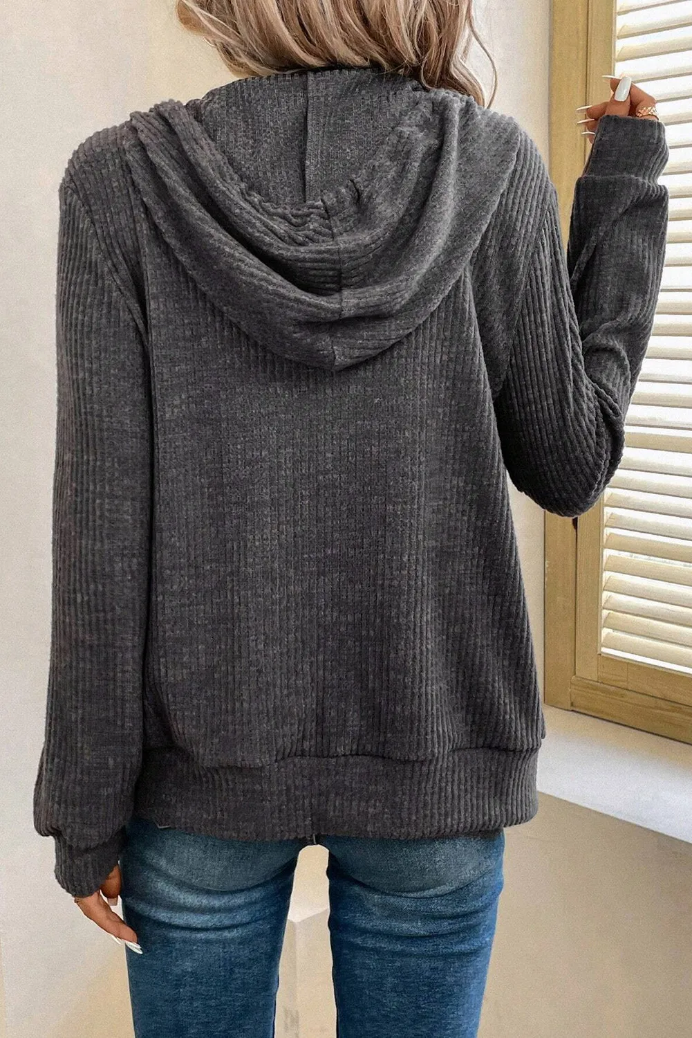 Drawstring Zip Up Long Sleeve Hooded Jacket, image 3