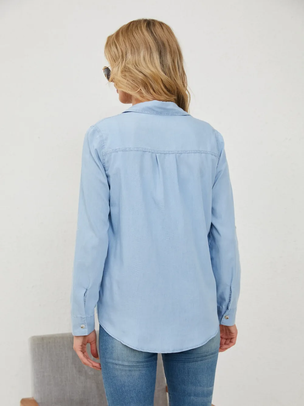 Pocketed Button Up Long Sleeve Denim Shirt, image 2