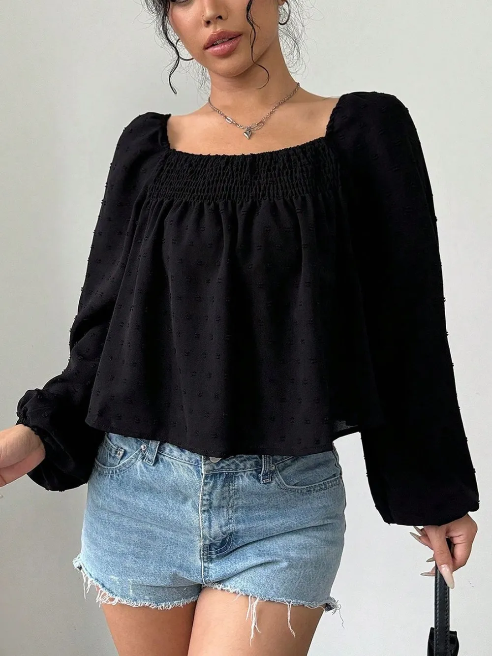 Swiss Dot Square Neck Long Sleeve Blouse, image 4
