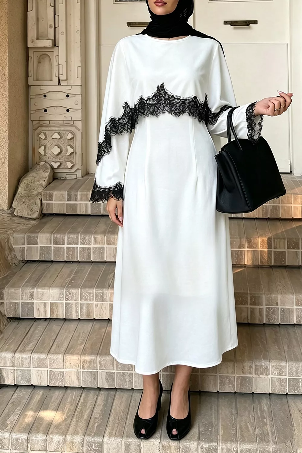 Lace Trim Round Neck Midi Dress, image 3