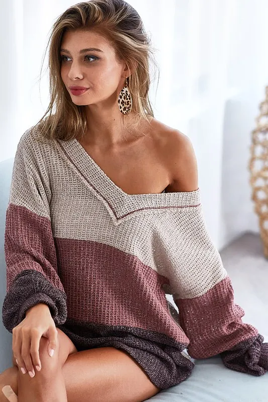 Color Block Out Stitching V-Neck Knit Top, image 2