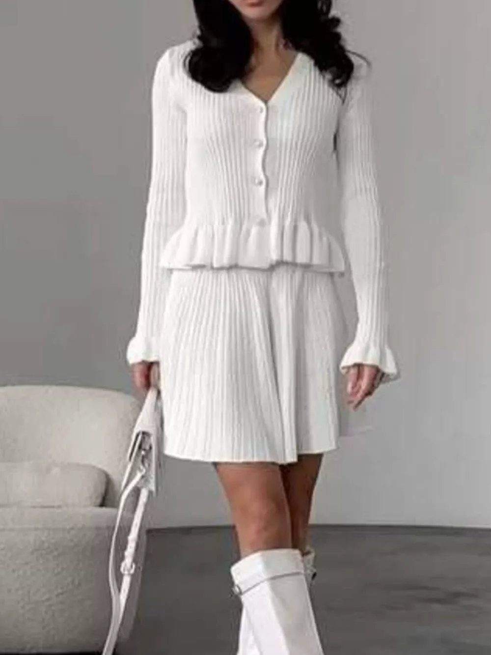 Ruffle Trim Knit Cardigan & Skirt Set, image 8