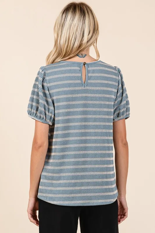 Contrast Striped Short Puff Sleeve Knit Top, image 5