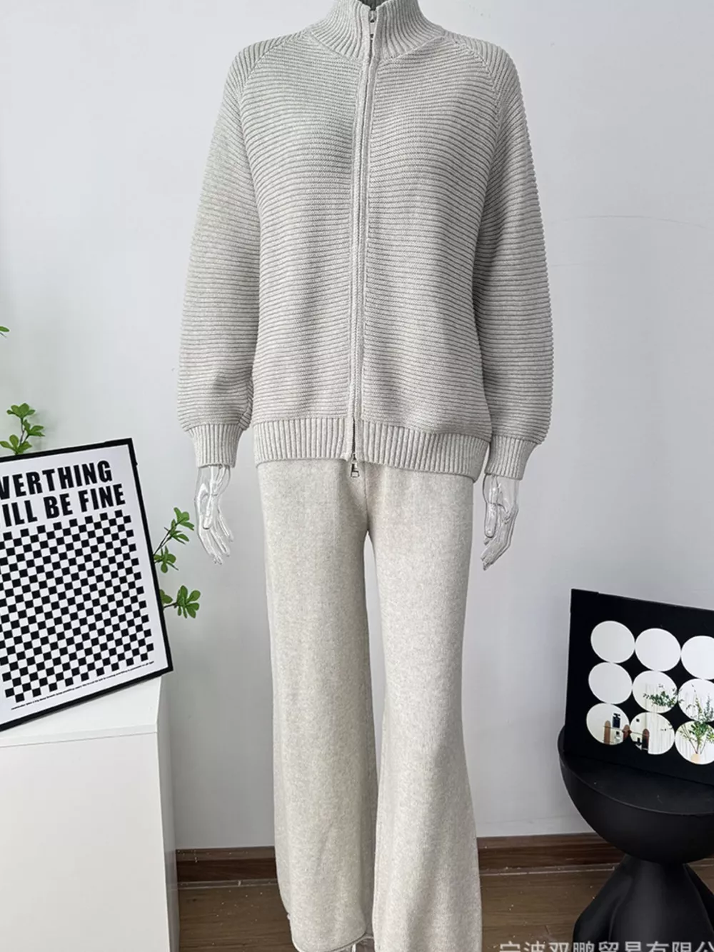 Casual Knit Zip-Up Cardigan and Wide-Leg Pants Set, image 6