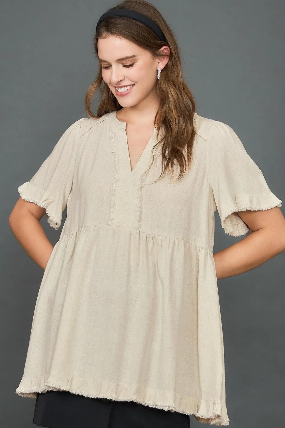 Full Size Raw Hem Notched Babydoll Linen Blouse Plus Size