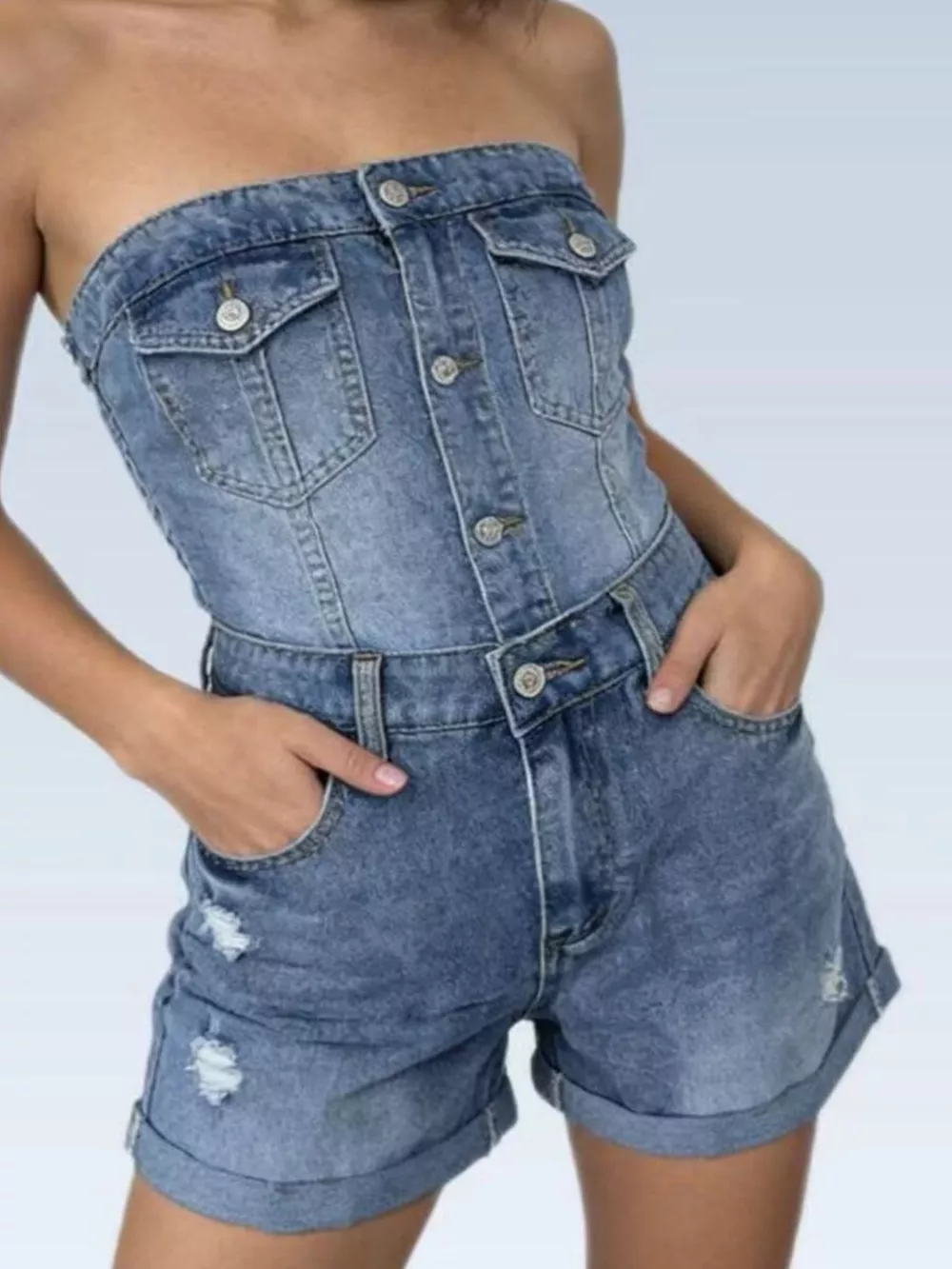 Ripped High-Waisted Denim Shorts, image 4