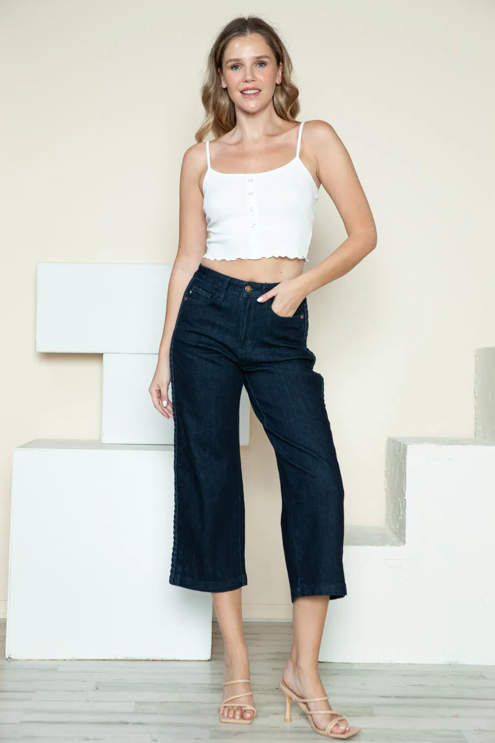 Full Size Side Seam Braid Detail Crop Wide Leg Jeans, image 7