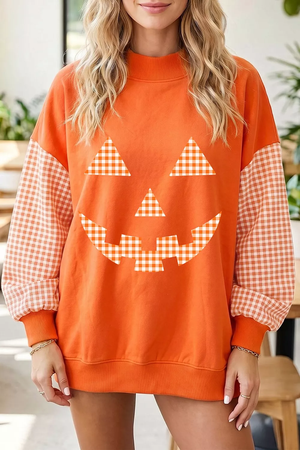 Plaid Sleeve Halloween Pumpkin Face Graphic Sweatshirt, image 2