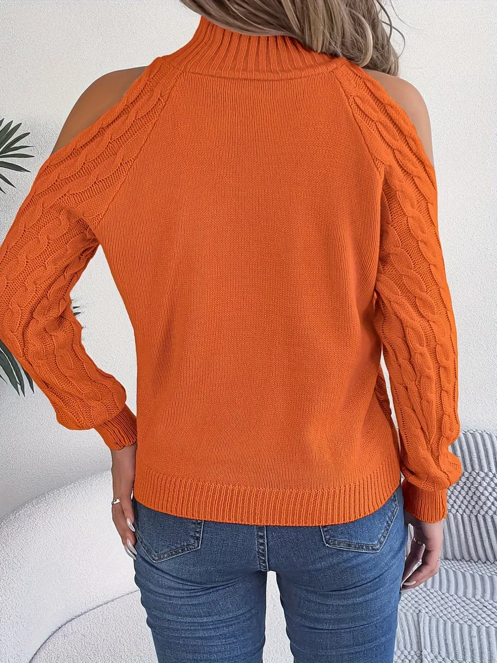 Cable Knit Cold Shoulder Turtleneck Sweater, image 3