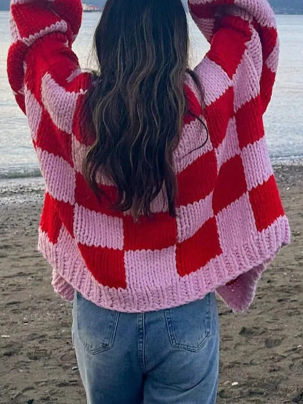 Checkered Open Front Long Sleeve Cardigan, image 3