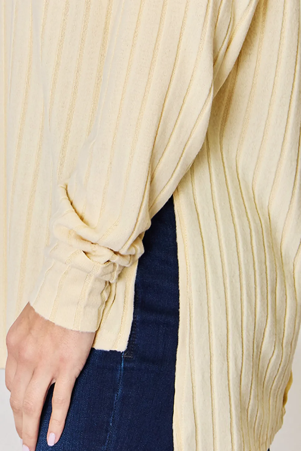 Full Size Ribbed Round Neck Slit T-Shirt, image 15