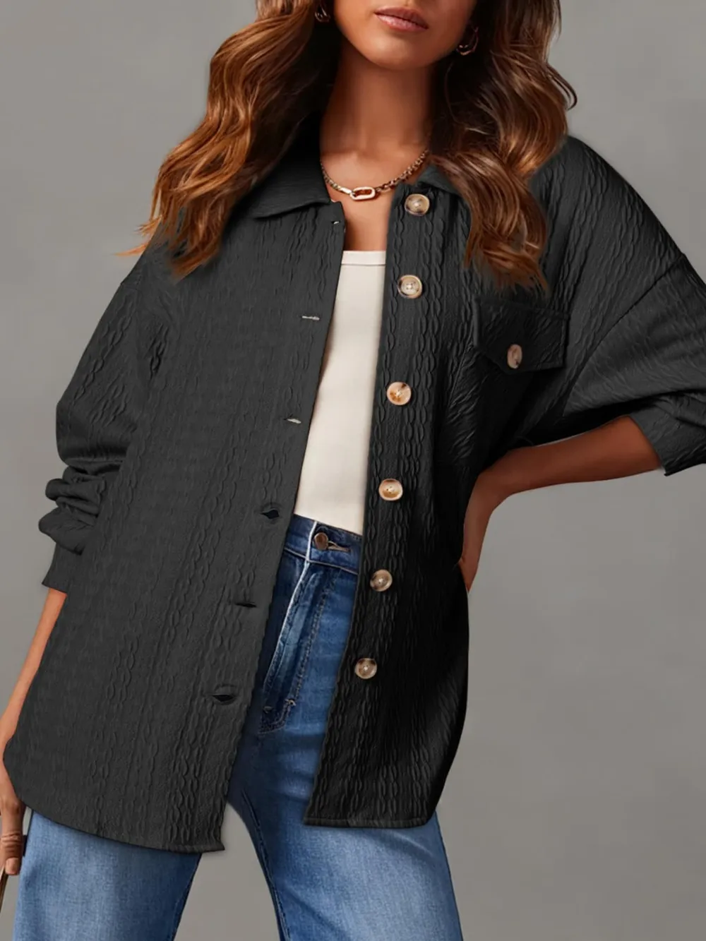 Textured Button Up Long Sleeve Shacket, image 11