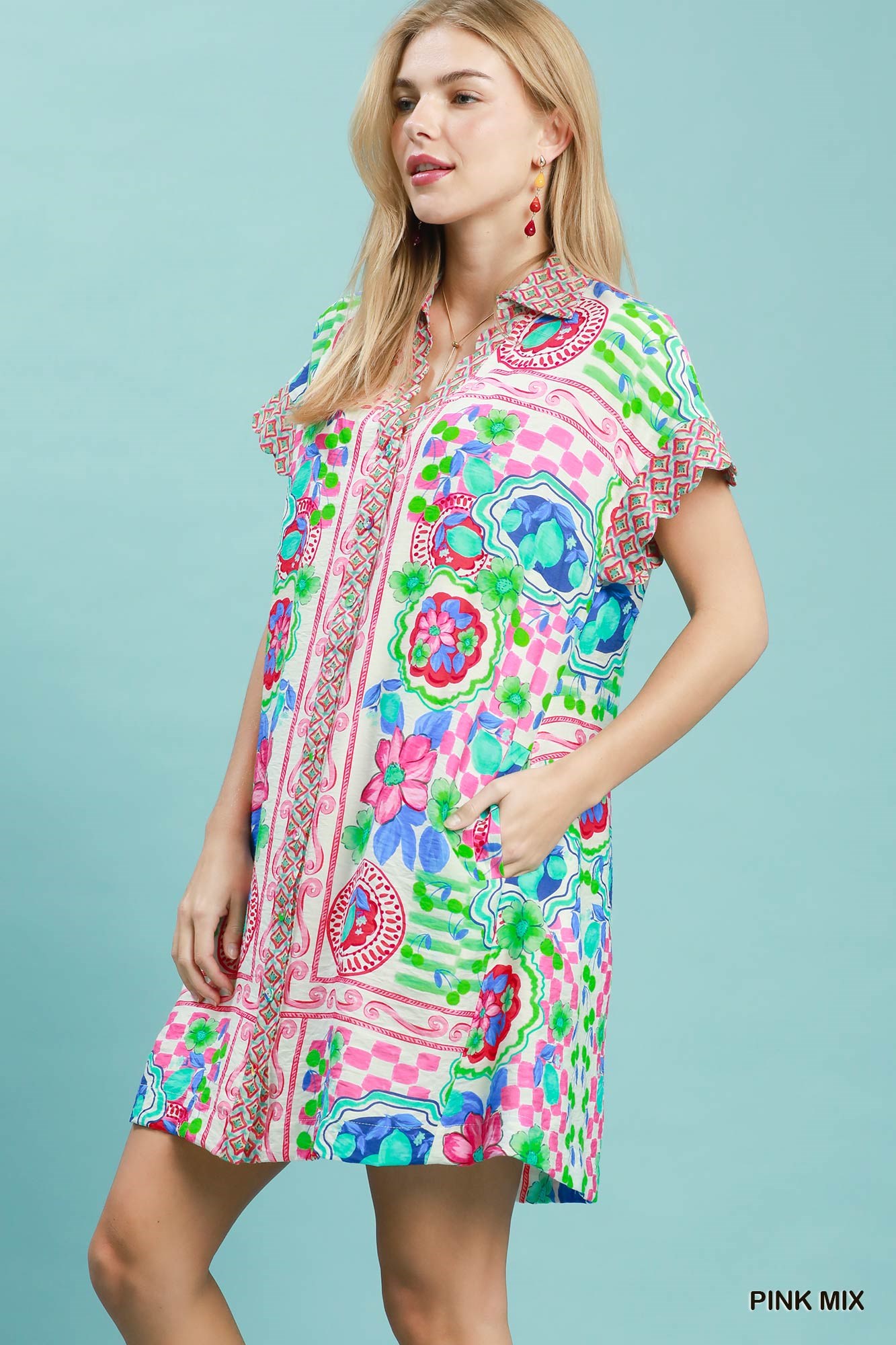 Mediterranean Print Dress with Contrast Printed Trim, image 2