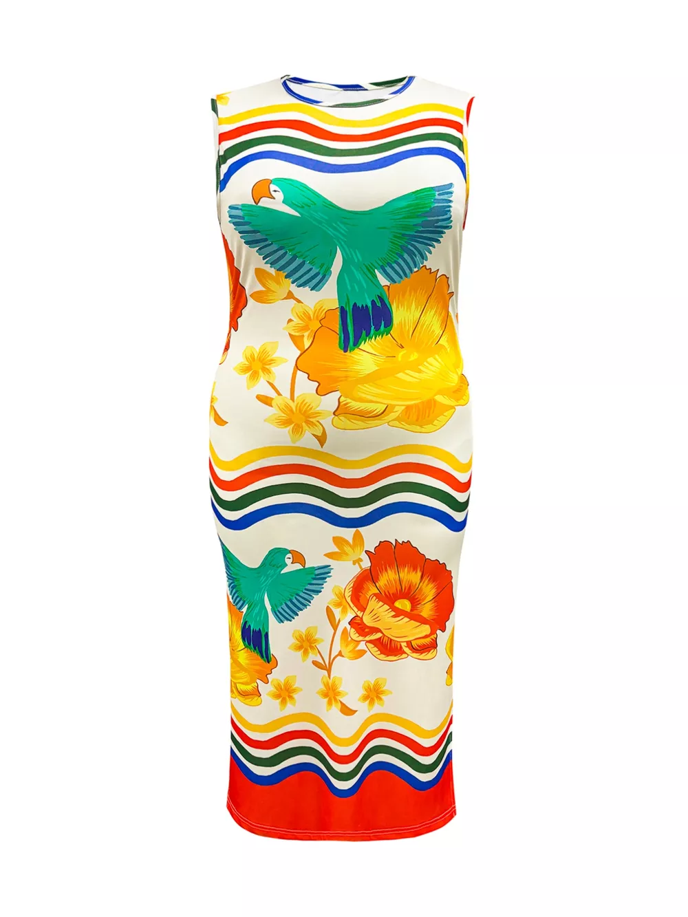 Plus Size Tropical Parrot Print Sleeveless Midi Dress, image 5