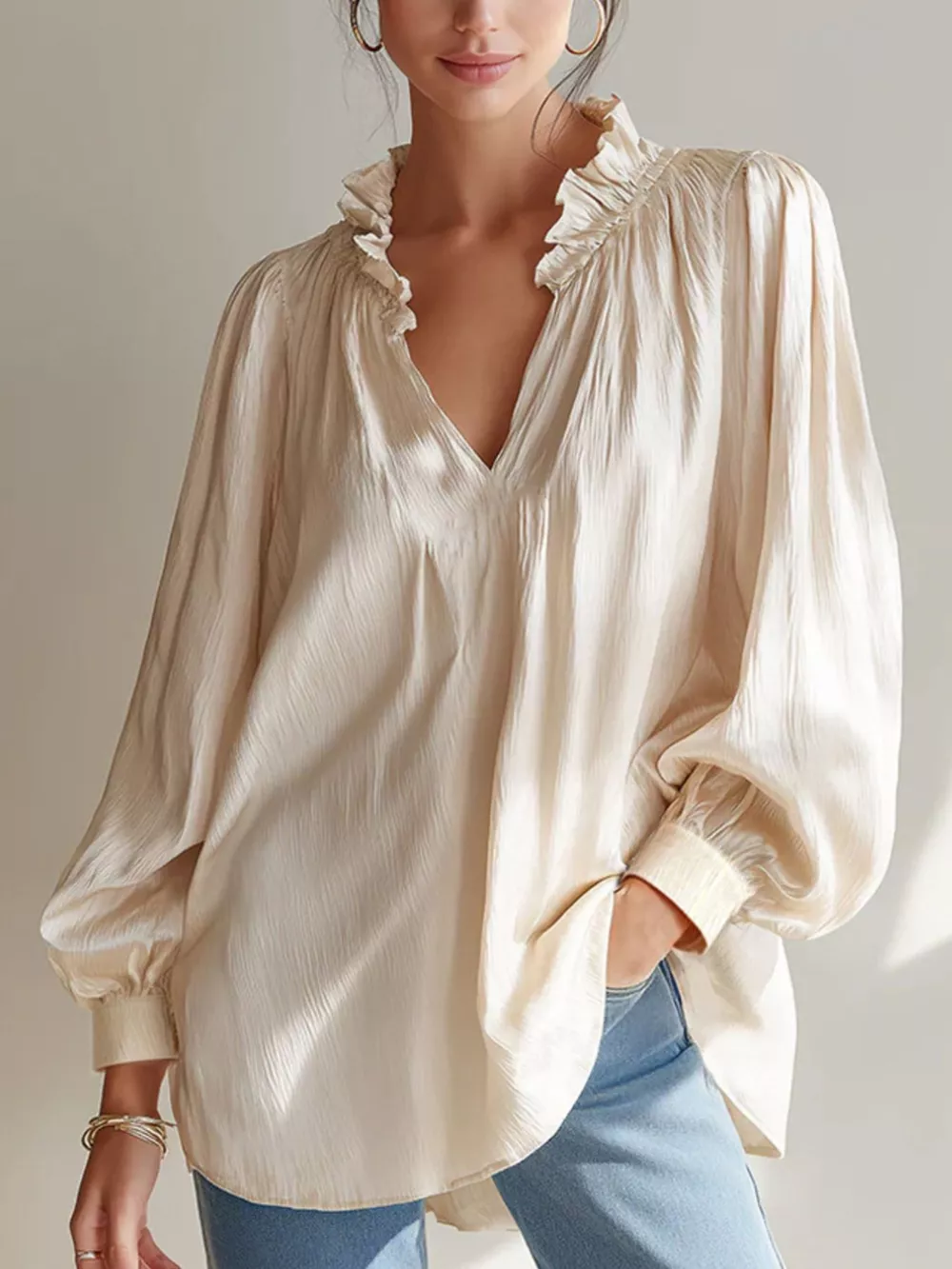 Frill Notched Long Sleeve Blouse