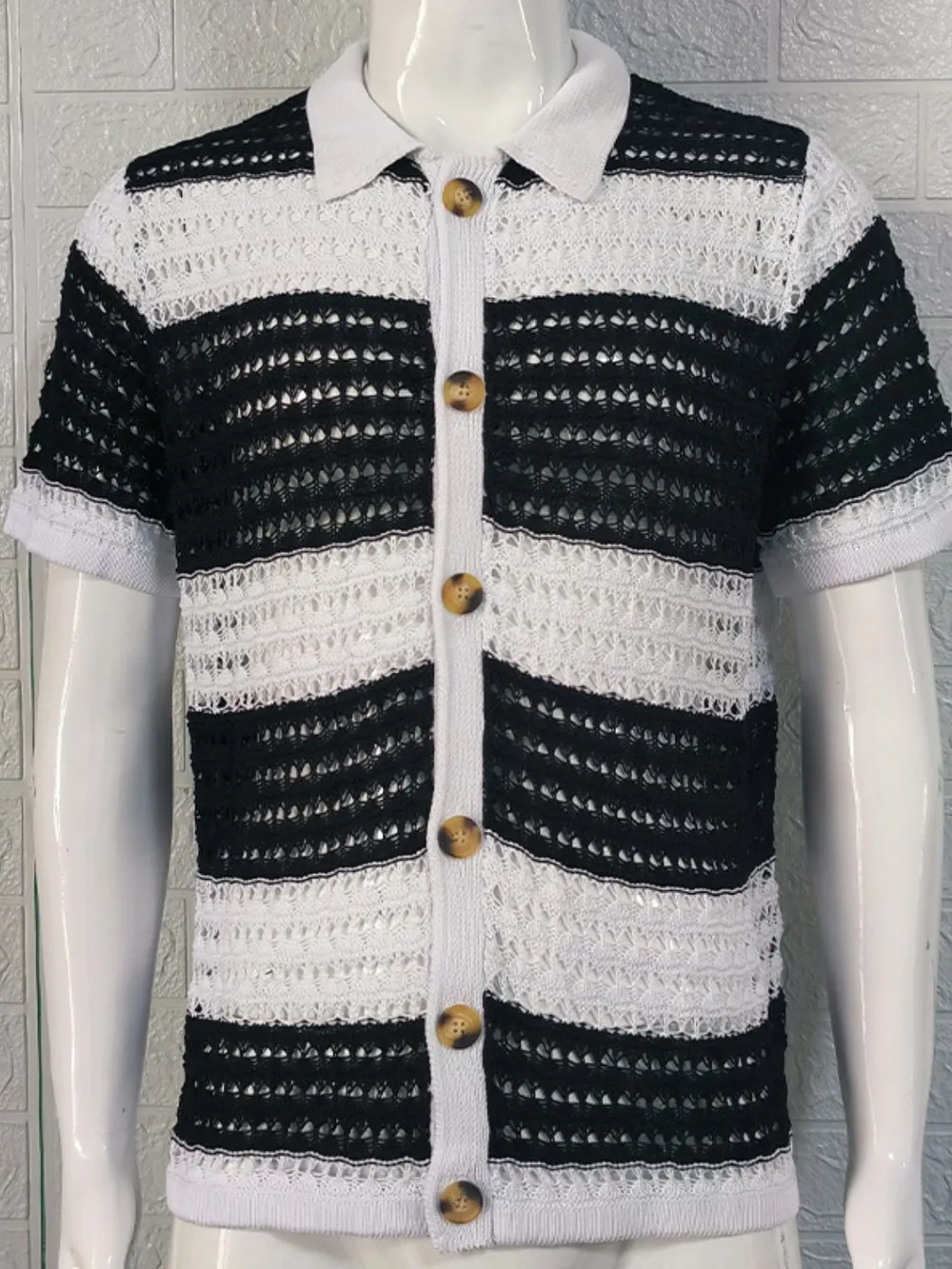 Men's Button Down Collared Neck Contrast Openwork Shirt, image 2