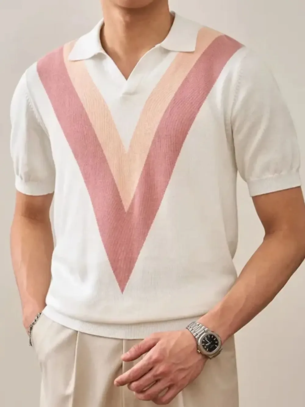 Men's Plus Size V-Pattern Contrast Knit Polo Shirt, image 17