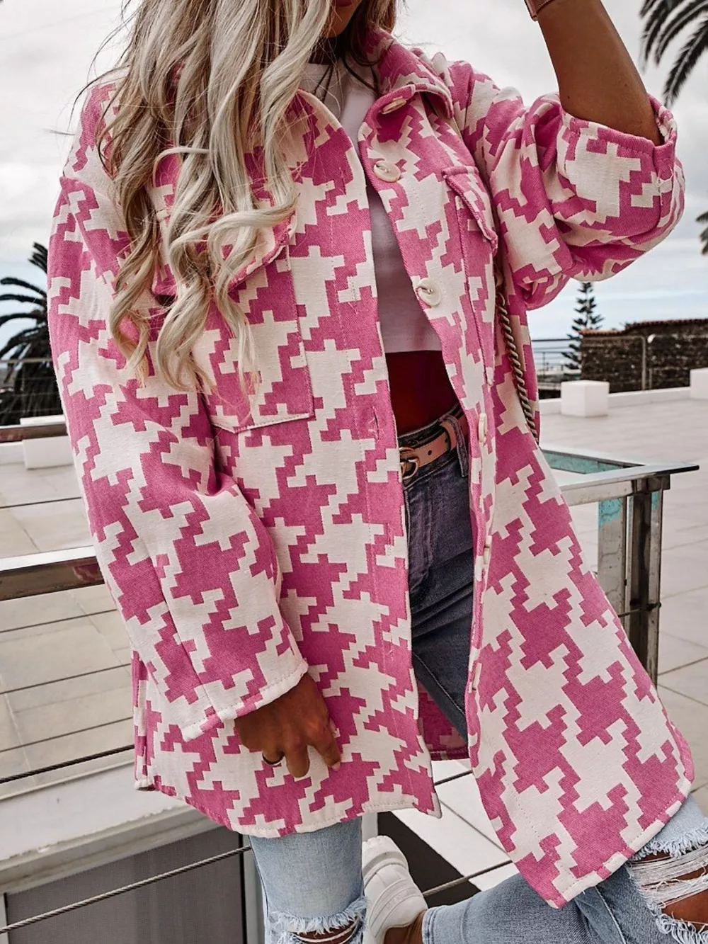 Houndstooth Button Up Long Sleeve Outerwear, image 2