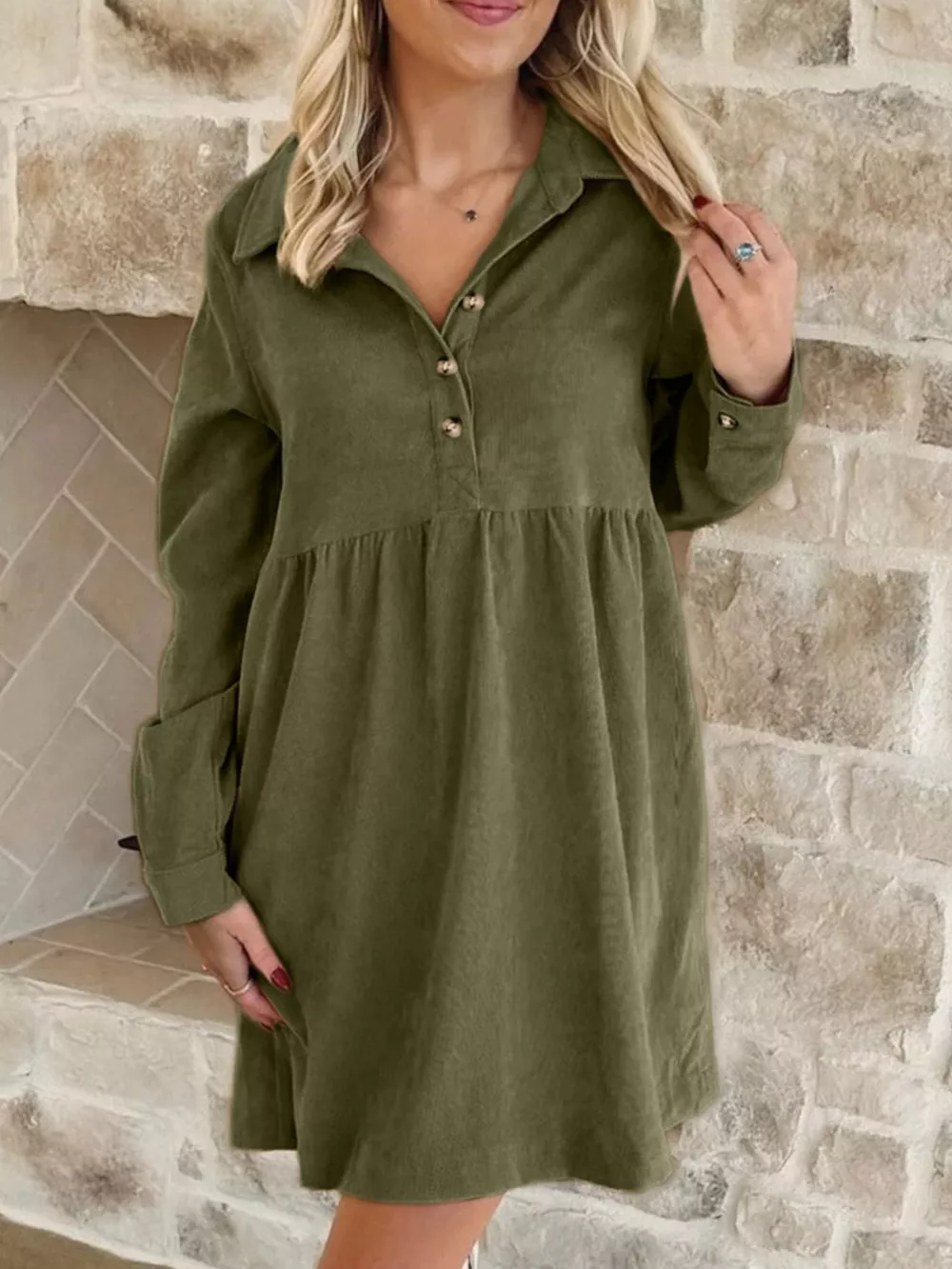 Casual Corduroy Button Detail Mini Dress, image 3