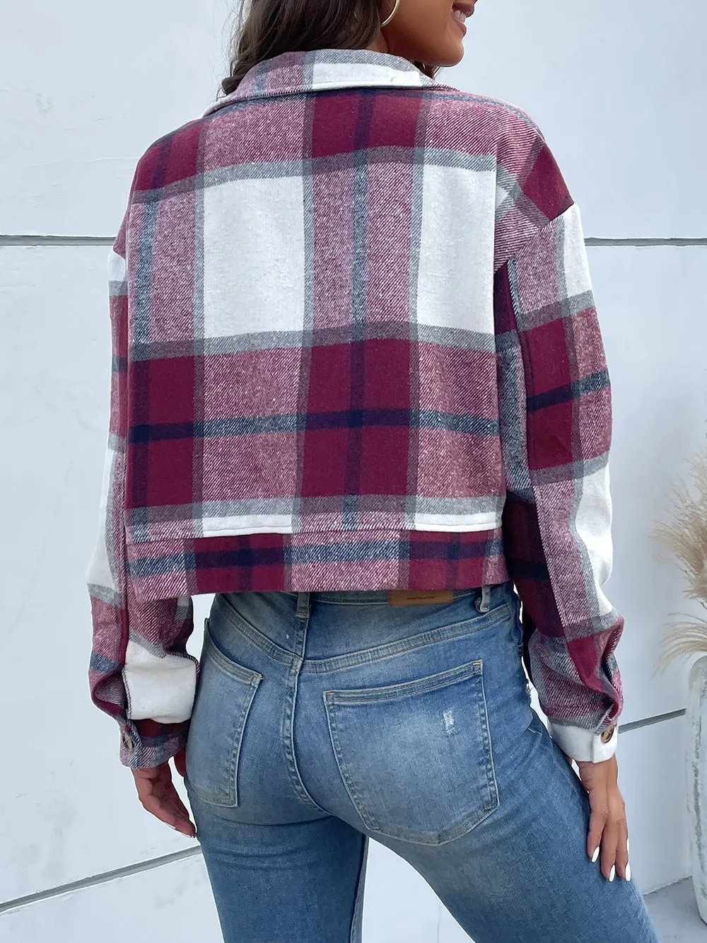 Plaid Button Up Drop Shoulder Cropped Jacket, image 11