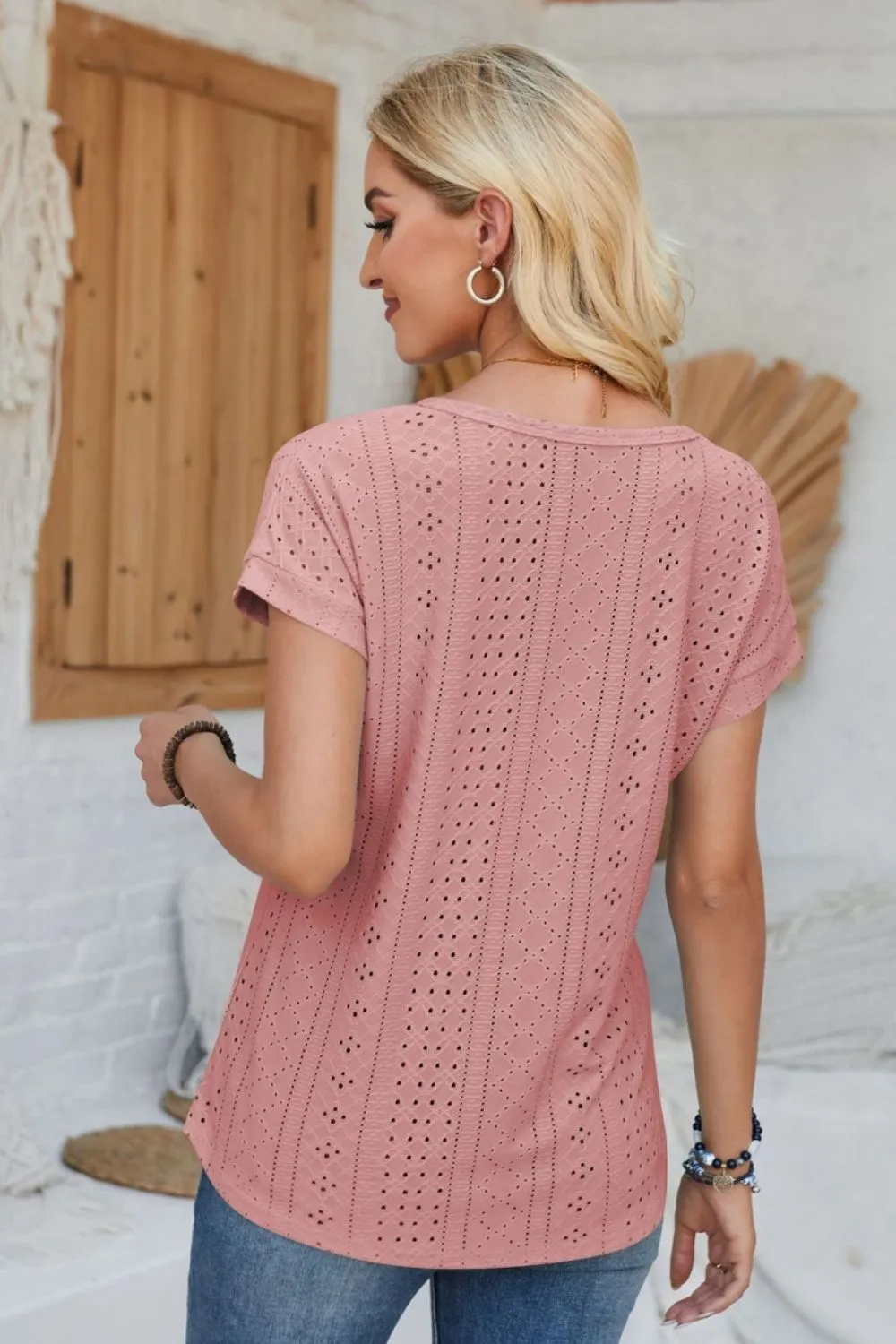 Eyelet Round Neck Rolled Short Sleeve T-Shirt, image 30