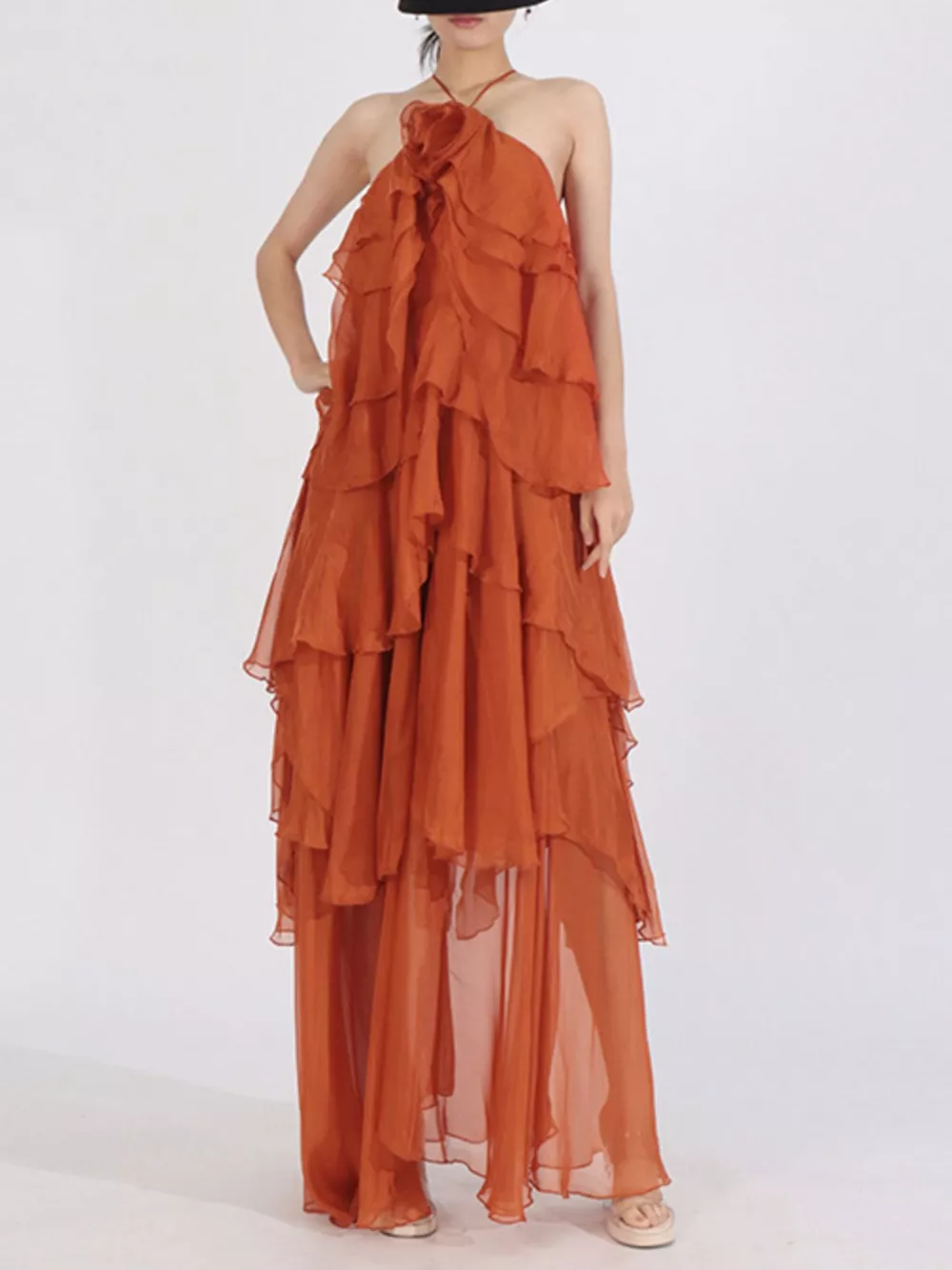 Ruffled Chiffon Halter Neck Maxi Dress, image 8