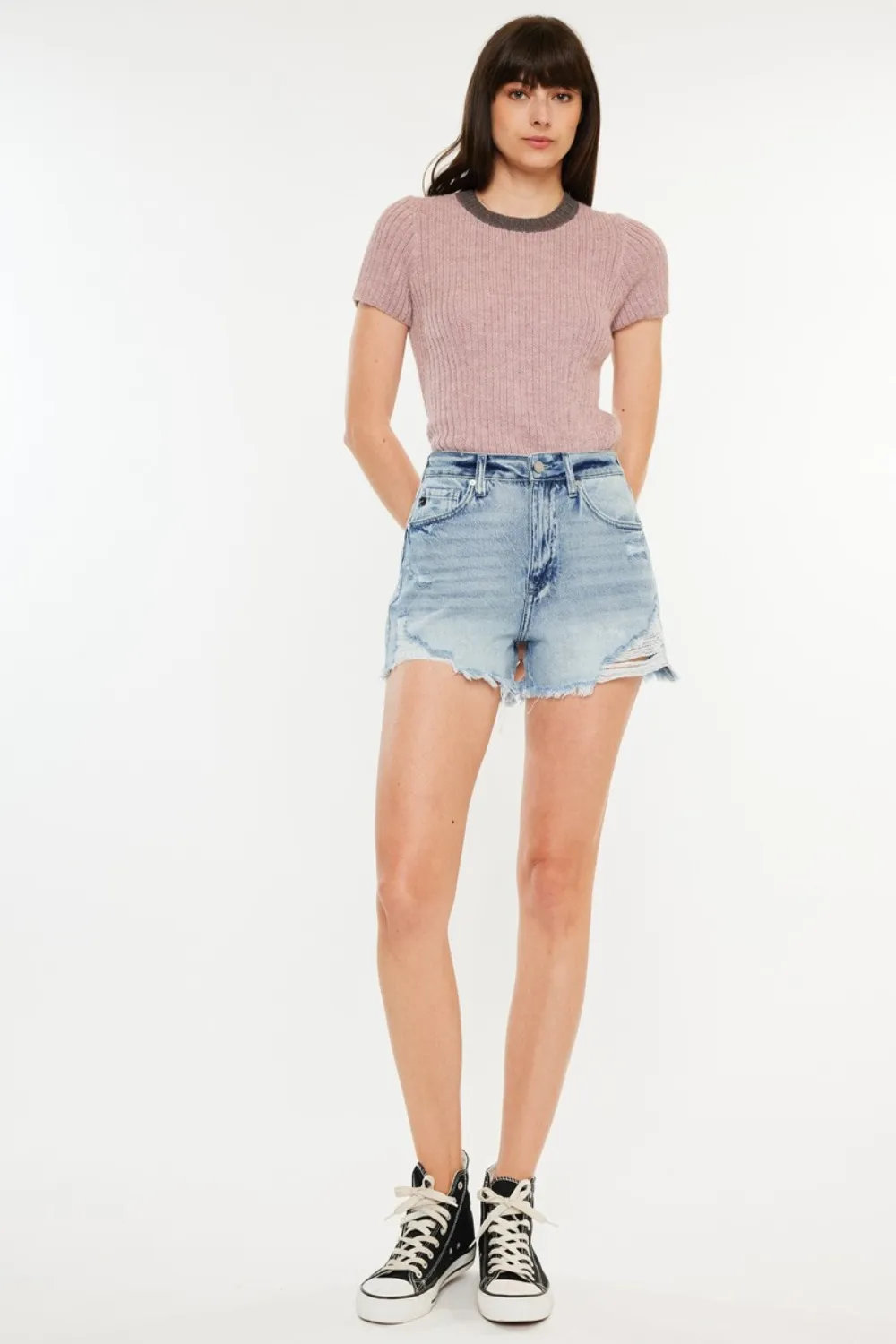Distressed High Waist Denim Shorts with Pockets, image 4