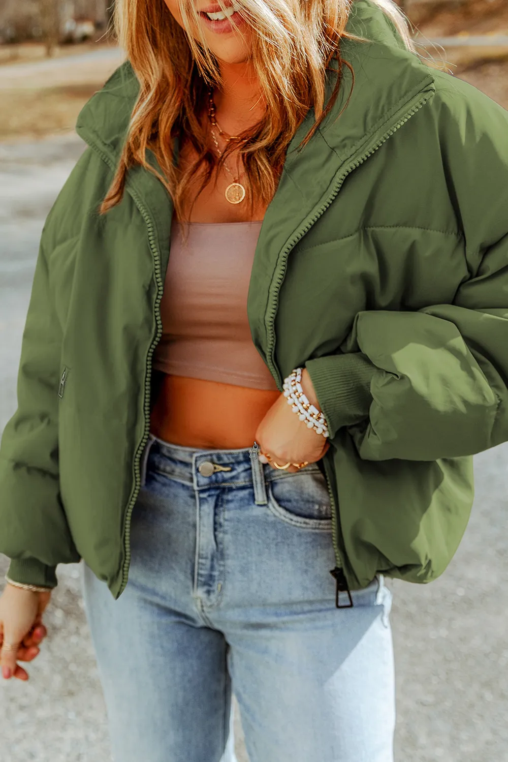 Zip Up Collared Neck Coat with Pockets, image 6
