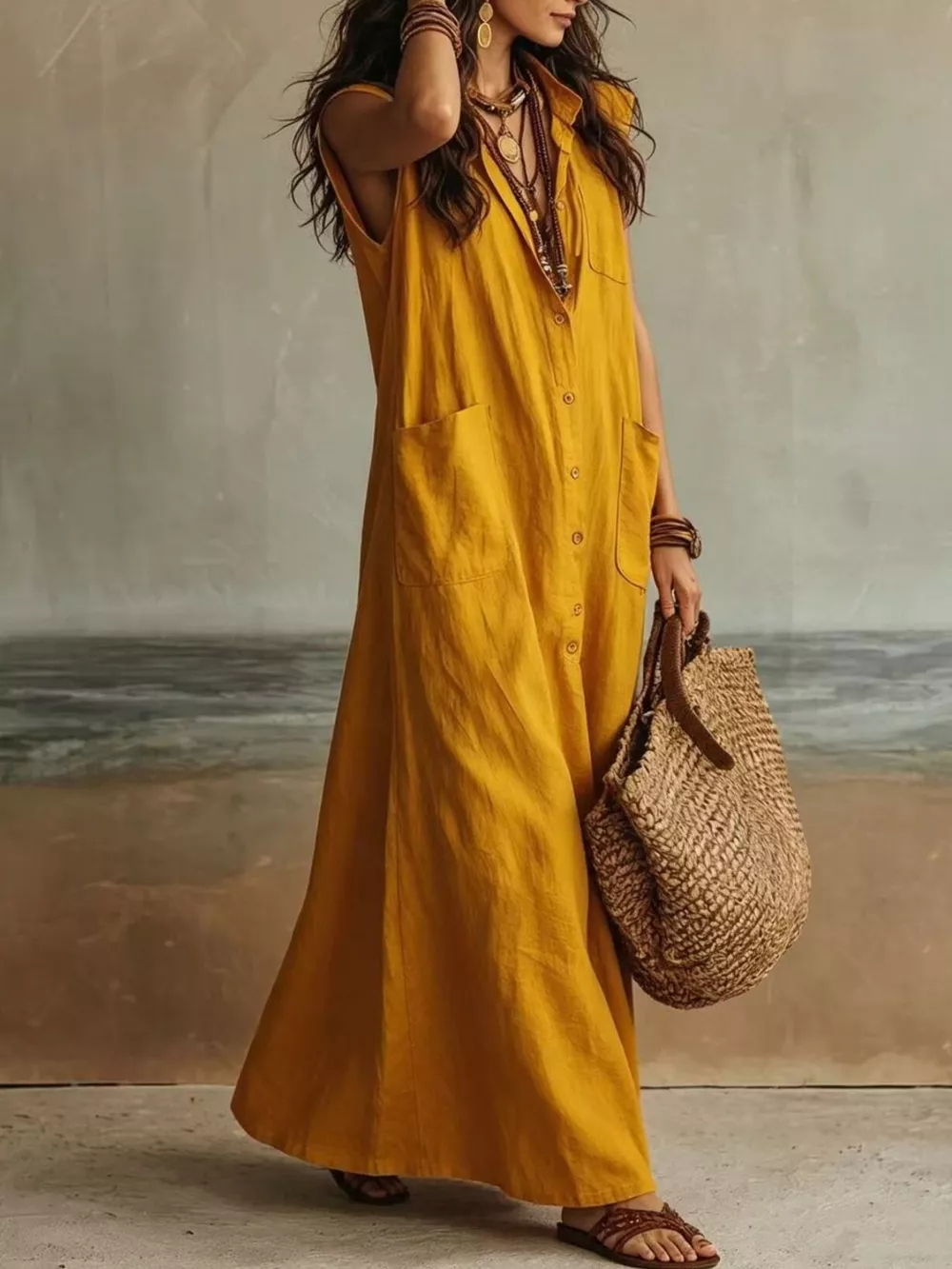 Sleeveless Button-Down Linen Maxi Dress, image 3