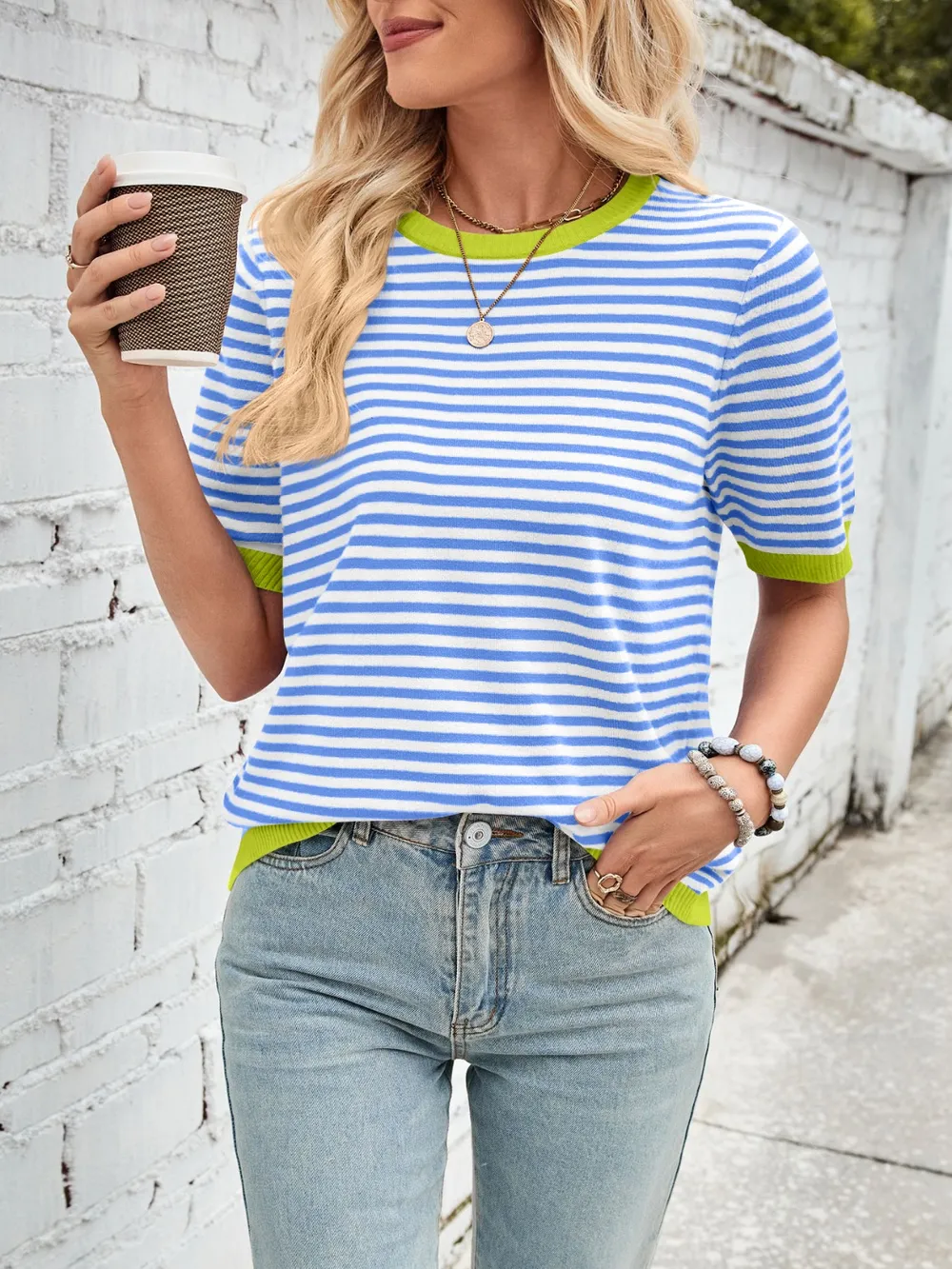 Striped Contrast Round Neck Half Sleeve Knit Top, image 34