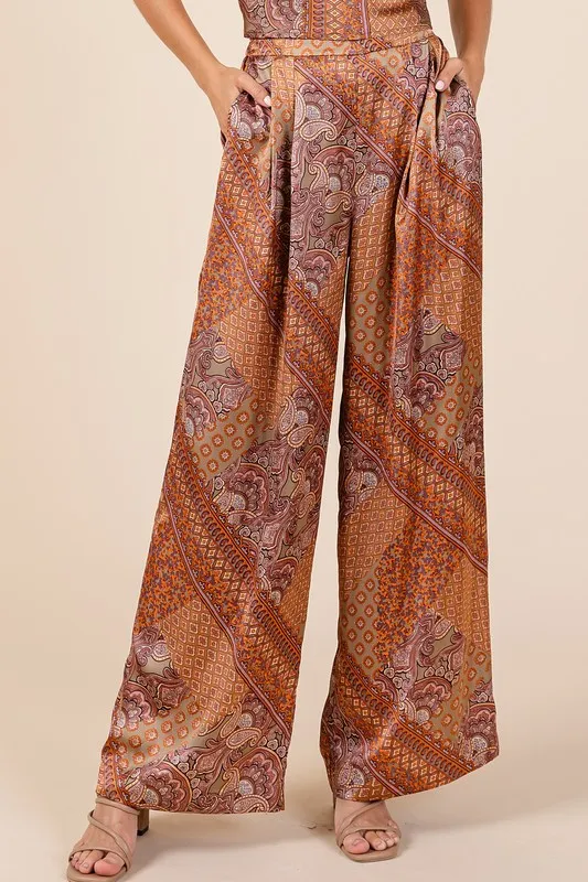 Paisley Patchwork Print Satin Wide Leg Pants