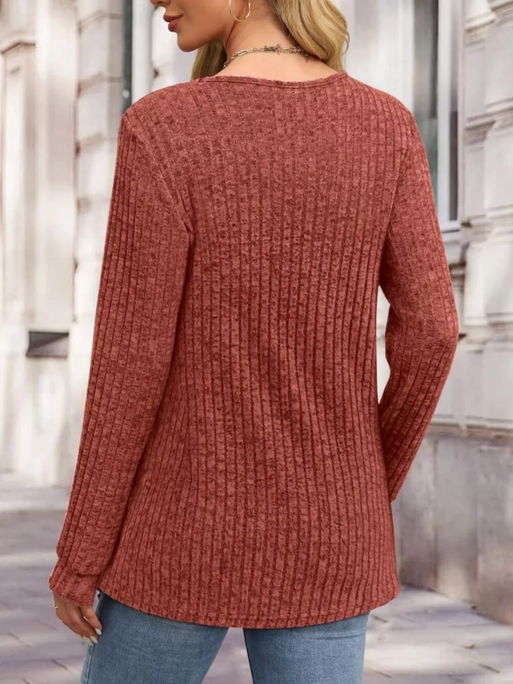 Ribbed Knit Button-Front Long Sleeve T-Shirt, image 8