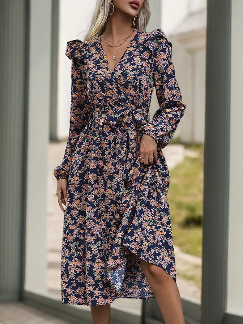 Printed Surplice Long Sleeve Midi Dress, image 3