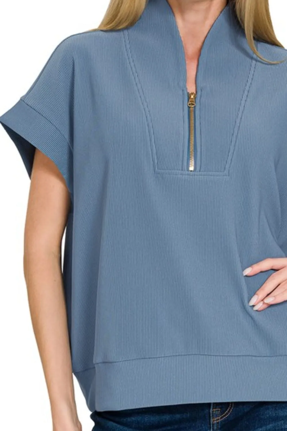 Ribbed High Neck Half Zip Top, image 3