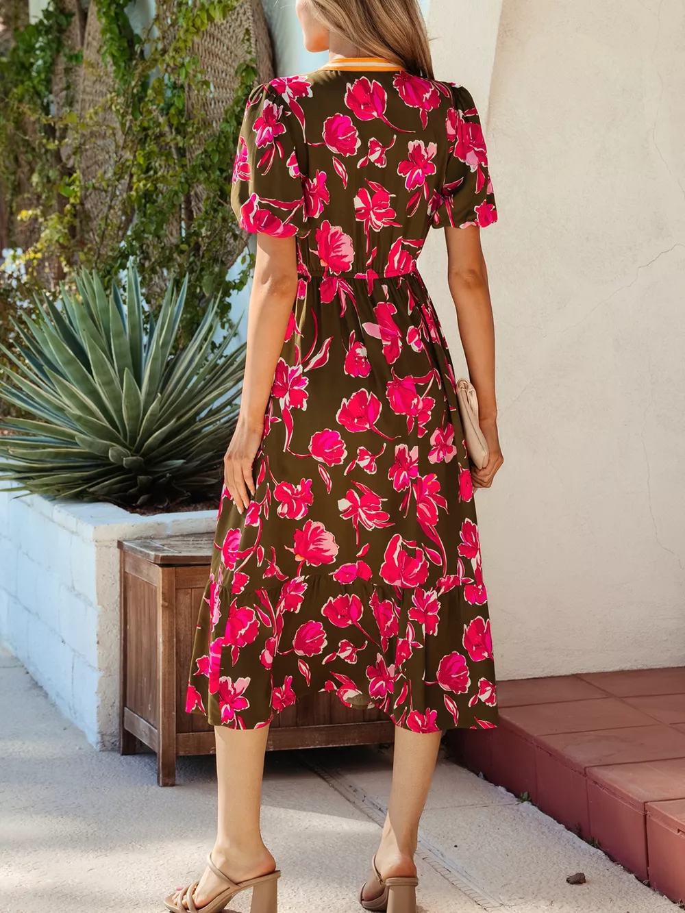 Floral Print Split Neck Short Puff Sleeve Ruffle Hem Dress, image 3