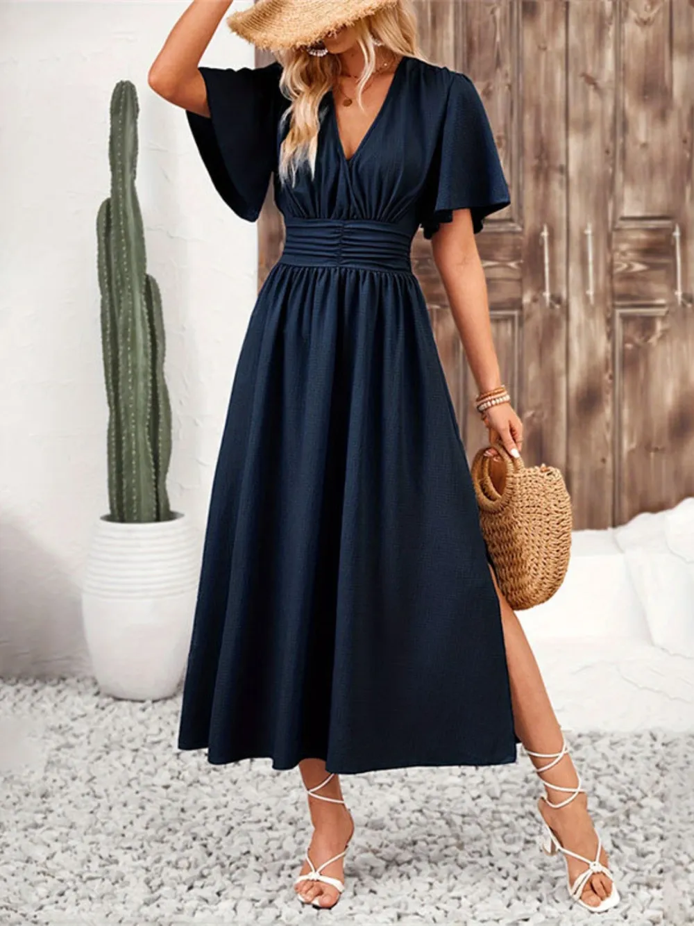 Side Slit Surplice Flutter Sleeve Midi Dress, image 5
